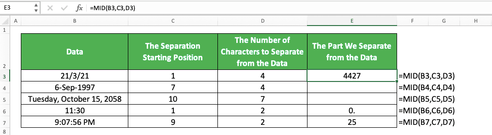 How to Use the MID Function in Excel: Usabilities, Examples, and Its Writing Steps - Screenshot of the MID Implementation Example on Dates/Times