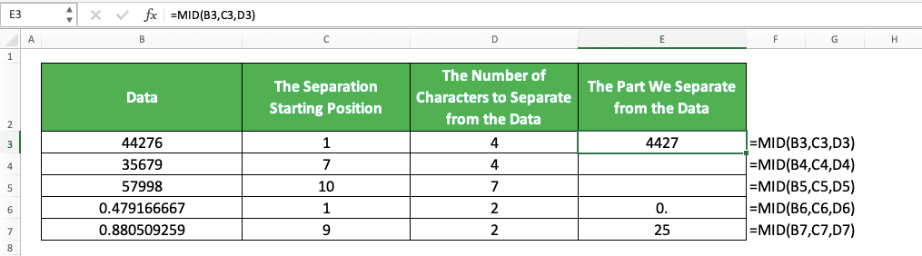 How to Use the MID Function in Excel: Usabilities, Examples, and Its Writing Steps - Screenshot of the MID Implementation Example on Date/Time Numeric Values