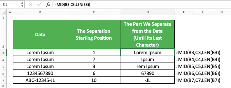How to Use the MID Function in Excel: Usabilities, Examples, and Its Writing Steps - Screenshot of the MID LEN Implementation Example