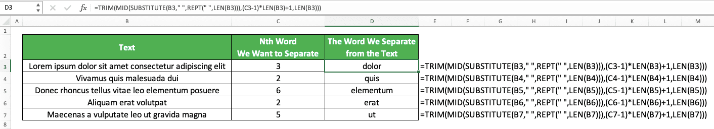 How to Use the MID Function in Excel: Usabilities, Examples, and Its Writing Steps - Screenshot of the TRIM MID SUBSTITUTE REPT LEN Implementation Example to Get Nth Word from a Text