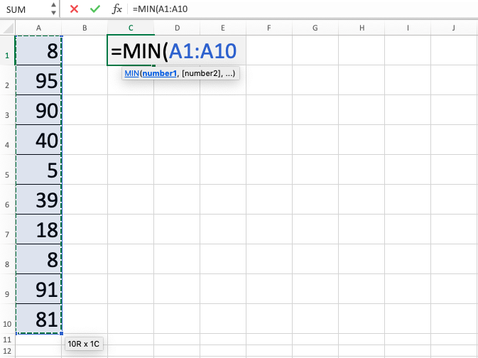 MIN Function in Excel - Screenshot of Step 3