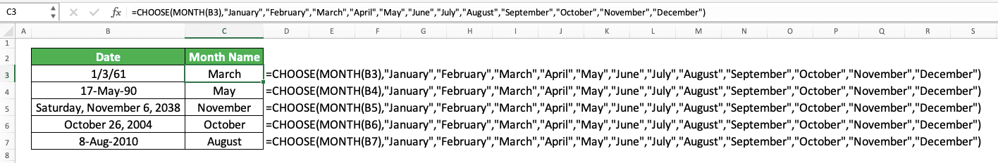 How to Use the MONTH Formula in Excel: Functions, Examples, and Writing Steps - Screenshot of the CHOOSE MONTH Implementation Example to Get the Month Name of a Date