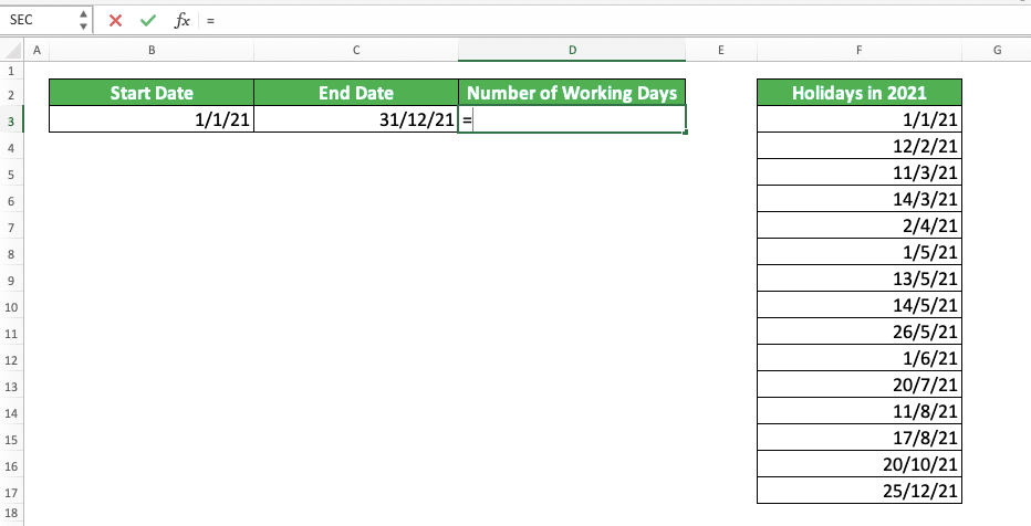 How to Use the NETWORKDAYS Function in Excel: Usabilities, Examples, and Writing Steps - Screenshot of Step 1