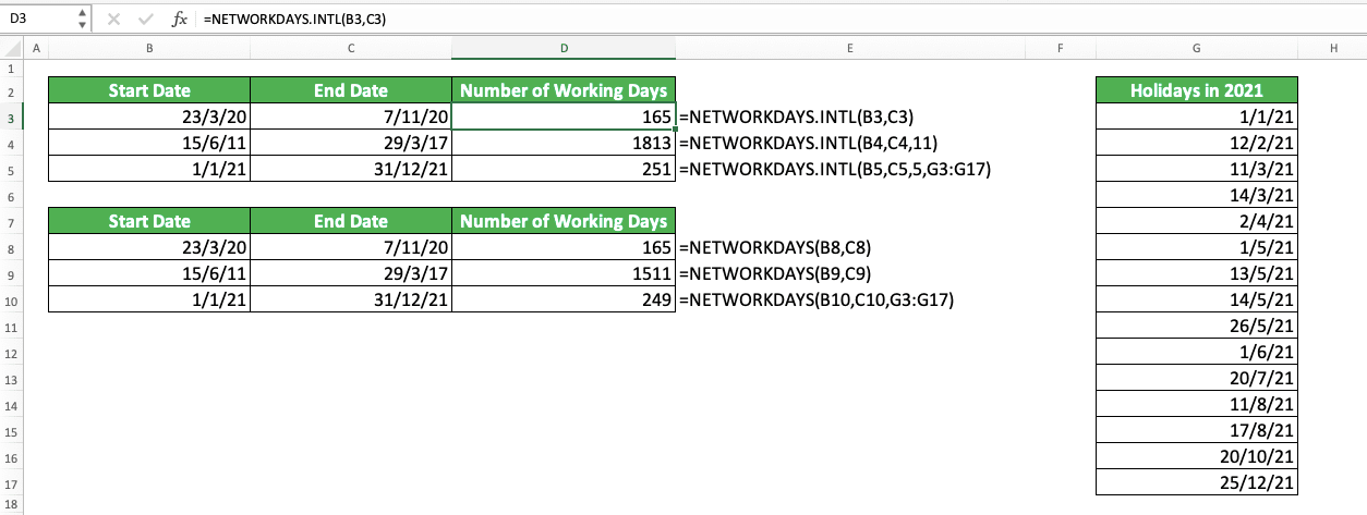 How to Use the NETWORKDAYS Function in Excel: Usabilities, Examples, and Writing Steps - Screenshot of the NETWORKDAYS.INTL Implementation Example and Its Results Comparison with NETWORKDAYS