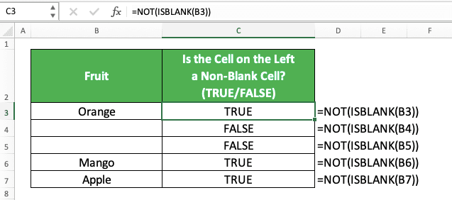 How to Use the NOT Function in Excel: Usabilities, Examples and How to Write It - Screenshot of the NOT ISBLANK Implementation Example to Identify Non-Blank Cells