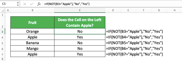 How to Use the NOT Function in Excel: Usabilities, Examples and How to Write It - Screenshot of the IF NOT Implementation Example to Identify Cells that Don't Have Some Specific Content