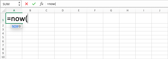 Excel NOW Function - Screenshot of Step 2