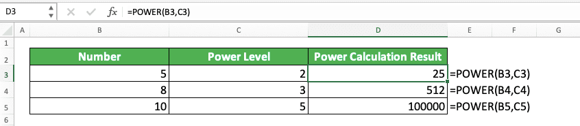 How to Use the POWER Formula in Excel: Functions, Examples, and Writing Steps - Screenshot of the POWER Implementation Example