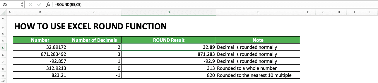 How to Use Excel ROUND Function - Screenshot of Example