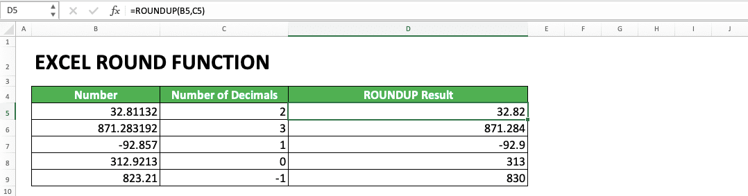 How to Use Excel ROUND Function - Screenshot of the ROUNDUP Usage Example