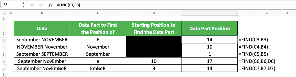 How to Use the SEARCH Function in Excel: Usabilities, Examples, and Writing Steps - Screenshot of the FIND Implementation Example on Case Sensitive Data