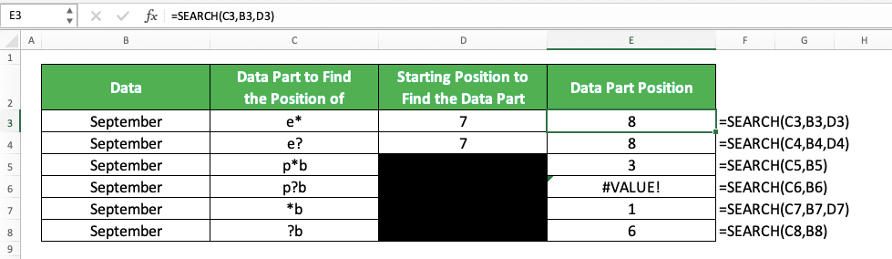 How to Use the SEARCH Function in Excel: Usabilities, Examples, and Writing Steps - Screenshot of the SEARCH Implementation Example with Wildcard Characters