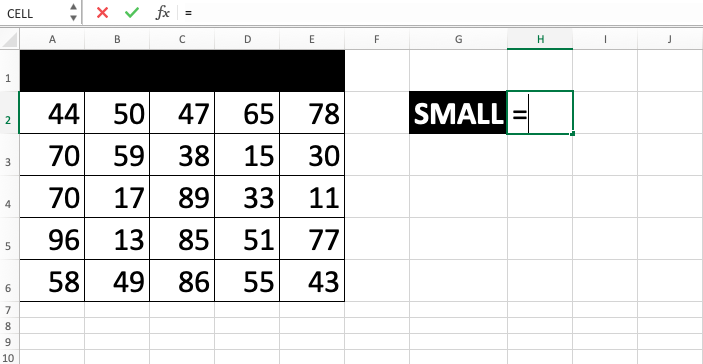 SMALL Excel Formula - Screenshot of Step 1