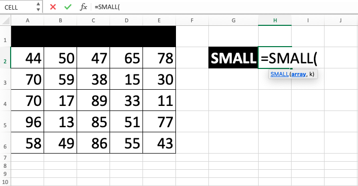 SMALL Excel Formula - Screenshot of Step 2