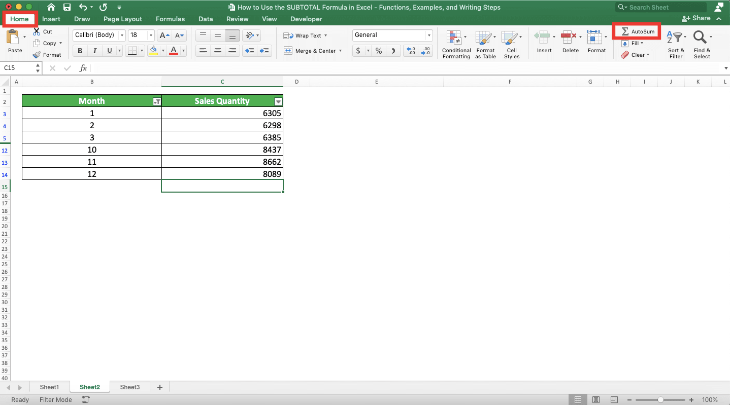 How to Use the SUBTOTAL Formula in Excel: Functions, Examples, and Writing Steps - Screenshot of the AutoSum Button Location in the Home Tab