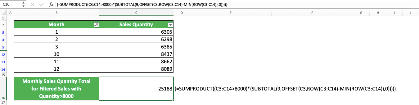 How to Use the SUBTOTAL Formula in Excel: Functions, Examples, and Writing Steps - Screenshot of the SUBTOTAL, SUMPRODUCT, OFFSET, ROW, and MIN Commbination Implementation Example in Excel