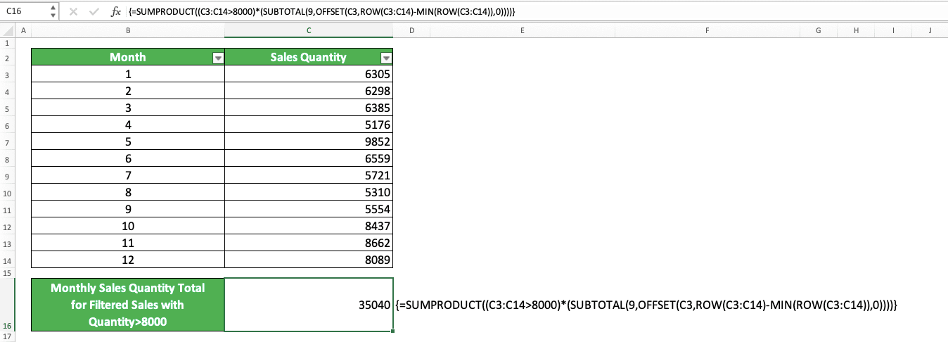 How to Use the SUBTOTAL Formula in Excel: Functions, Examples, and Writing Steps - Screenshot of the 12 Sales Quantities for the SUBTOTAL, SUMPRODUCT, OFFSET, ROW, and MIN Commbination Implementation Example in Excel