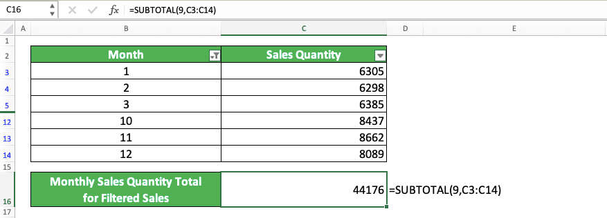 How to Use the SUBTOTAL Formula in Excel: Functions, Examples, and Writing Steps - Screenshot of the SUBTOTAL Implementation Example in Excel
