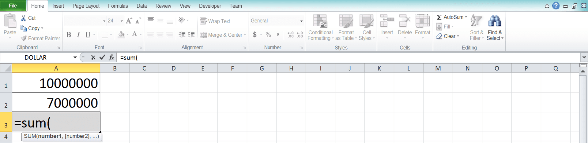 Using SUM as a Subtraction Formula in Excel - Screenshot of Step 2