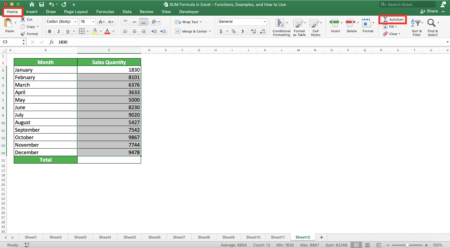 SUM Formula in Excel: Functions, Examples and How to Use - Screenshot of the Home Tab and Its AutoSum Button Location in Excel