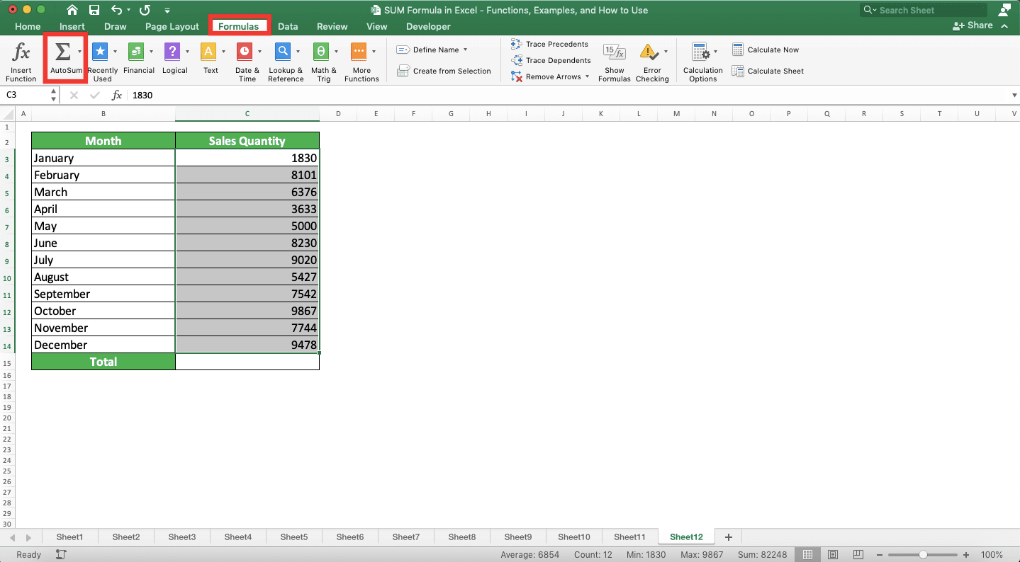 SUM Formula in Excel: Functions, Examples and How to Use - Screenshot of the Formulas Tab and Its AutoSum Button Location in Excel