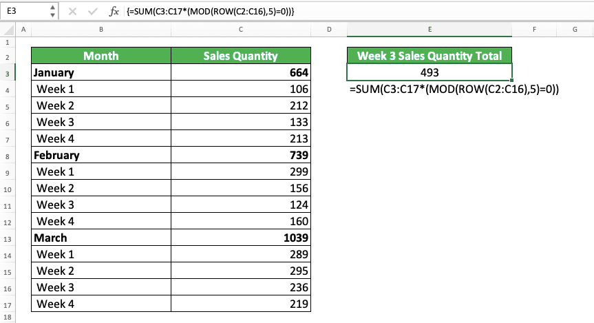 SUM Formula in Excel: Functions, Examples and How to Use - Screenshot of the SUM, MOD, and ROW Combination Implementation Example