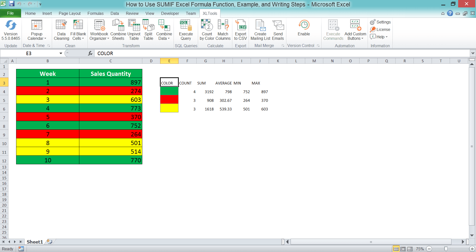 How to Use SUMIF Excel Formula: Function, Example, and Writing Steps - Screenshot of the Color Criterion Sum Result Example Using XLTools