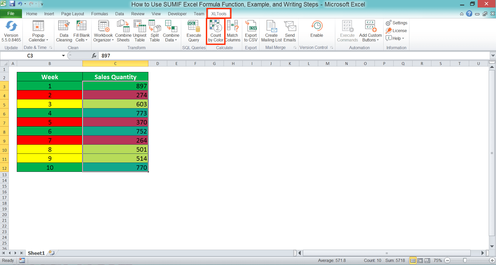 How to Use SUMIF Excel Formula: Function, Example, and Writing Steps - Screenshot of the XLTools Tab and Count by Colors Button Locations in Excel