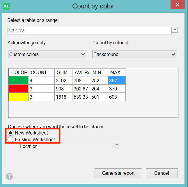 How to Use SUMIF Excel Formula: Function, Example, and Writing Steps - Screenshot of the Result Location Choices in the XLTools Count by Color Dialog Box