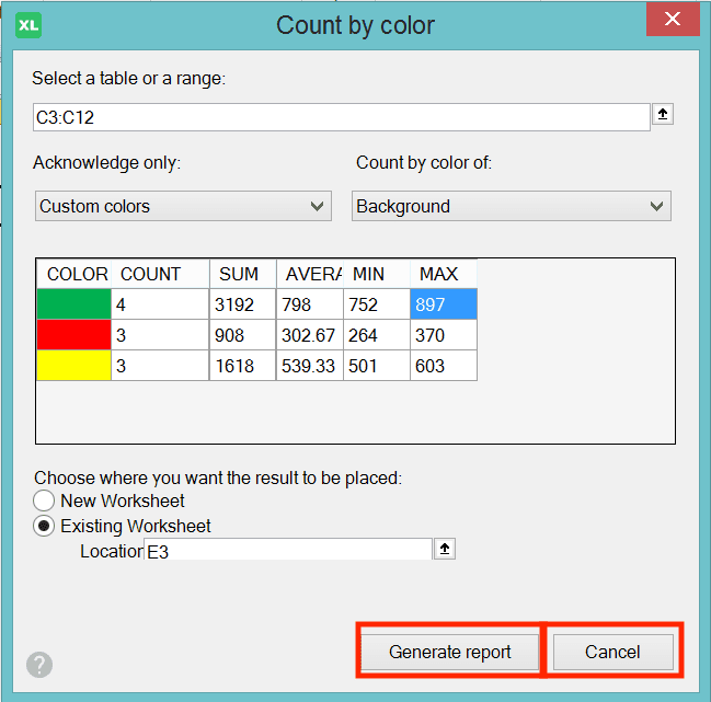 How to Use SUMIF Excel Formula: Function, Example, and Writing Steps - Screenshot of the Generate Report and Cancel Buttons Locations in the XLTools Count by Color Dialog Box