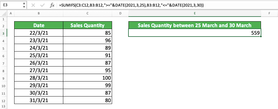 How to Use SUMIFS Excel Formula: Function, Examples, and Writing Steps - Screenshot of the SUMIFS Implementation Example with a Date Range Criterion in Excel