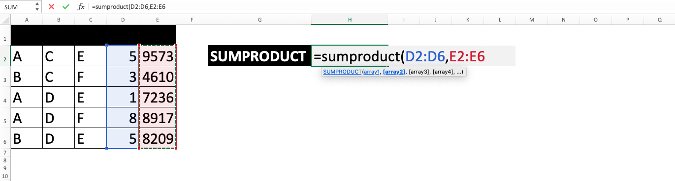 Excel SUMPRODUCT Function - Screenshot of Step 1-4