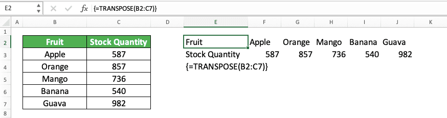 How to Use the TRANSPOSE Formula in Excel: Functions, Examples, and Writing Steps - Screenshot of the TRANSPOSE Implementation Example