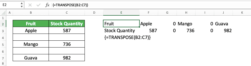 How to Use the TRANSPOSE Formula in Excel: Functions, Examples, and Writing Steps - Screenshot of the TRANSPOSE Implementation Example on a Cell Range with Blank Cells
