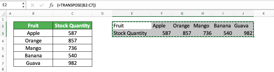 How to Use the TRANSPOSE Formula in Excel: Functions, Examples, and Writing Steps - Screenshot of the Copy Mode Example on the TRANSPOSE Formula Results Cell Range