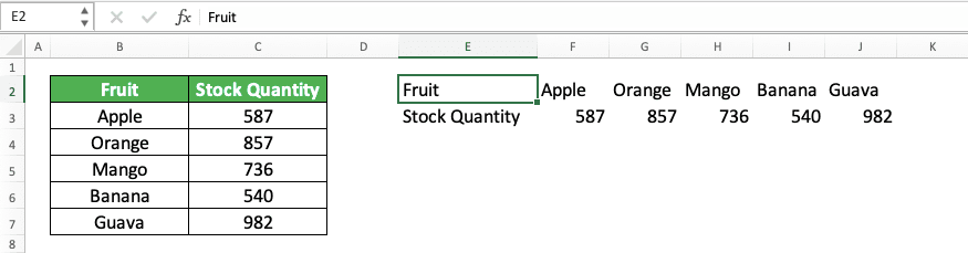 How to Use the TRANSPOSE Formula in Excel: Functions, Examples, and Writing Steps - Screenshot of the Paste Value Result Example on TRANSPOSE Formula Results