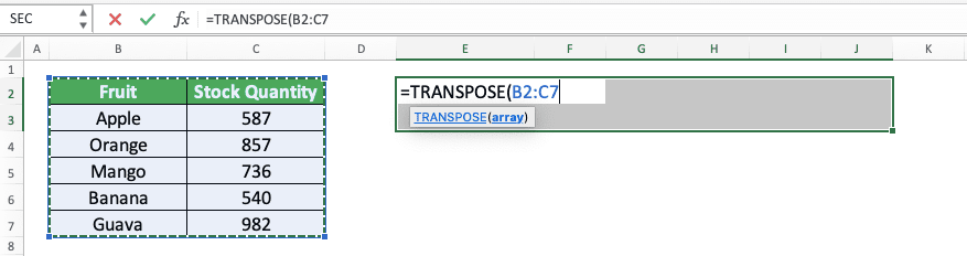How to Use the TRANSPOSE Formula in Excel: Functions, Examples, and Writing Steps - Screenshot of Step 4