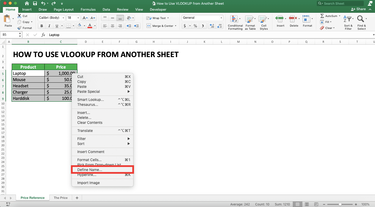 How to Use VLOOKUP from Another Sheet - Screenshot of the Location of the Define Name menu in a Right-Click