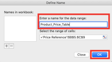 How to Use VLOOKUP from Another Sheet - Screenshot of Define Name Menu's Dialog Box