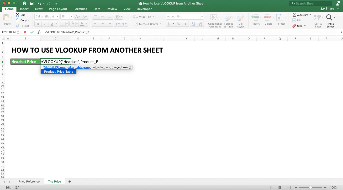 How to Use VLOOKUP from Another Sheet - Screenshot of Excel Suggestion for the Cell Range Name