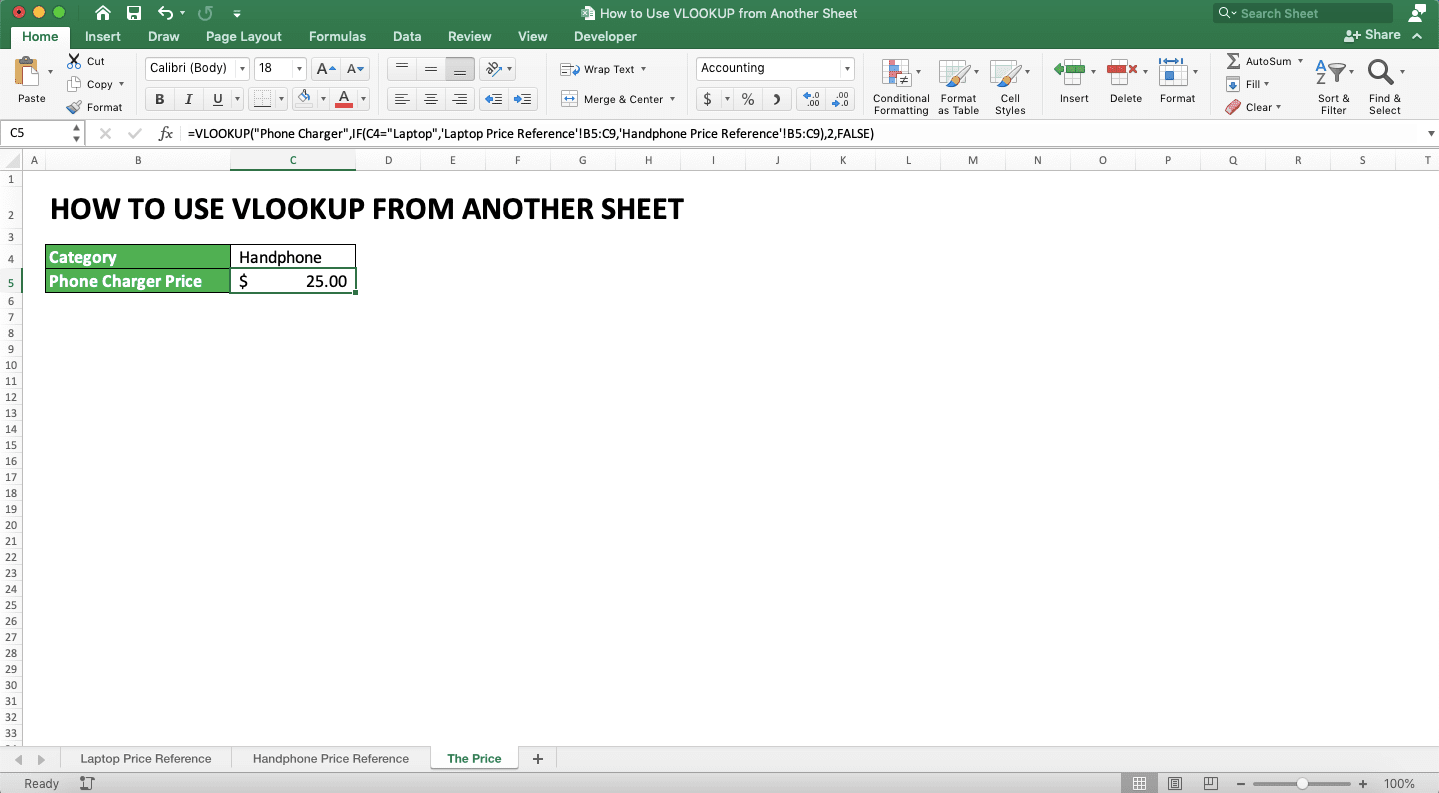 How to Use VLOOKUP from Another Sheet - Screenshot of the Example for IF VLOOKUP Implementation for a Dynamic Sheet Reference