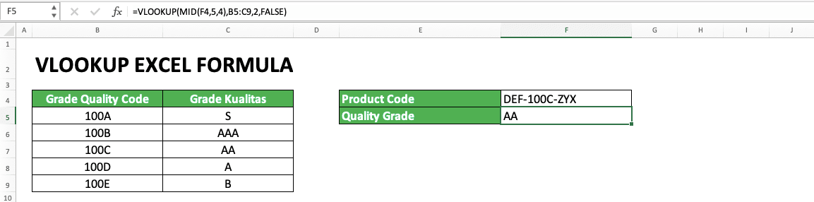 How to Use VLOOKUP Excel Formula - Screenshot of VLOOKUP MID Example