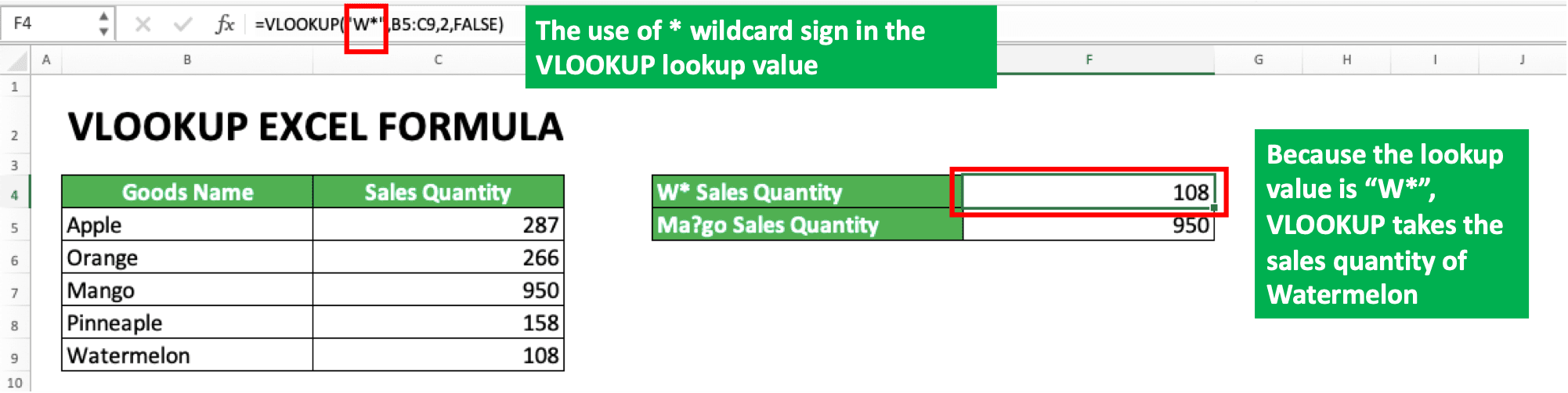 How to Use VLOOKUP Excel Formula - Screenshot of * Wildcard Symbol Usage Example