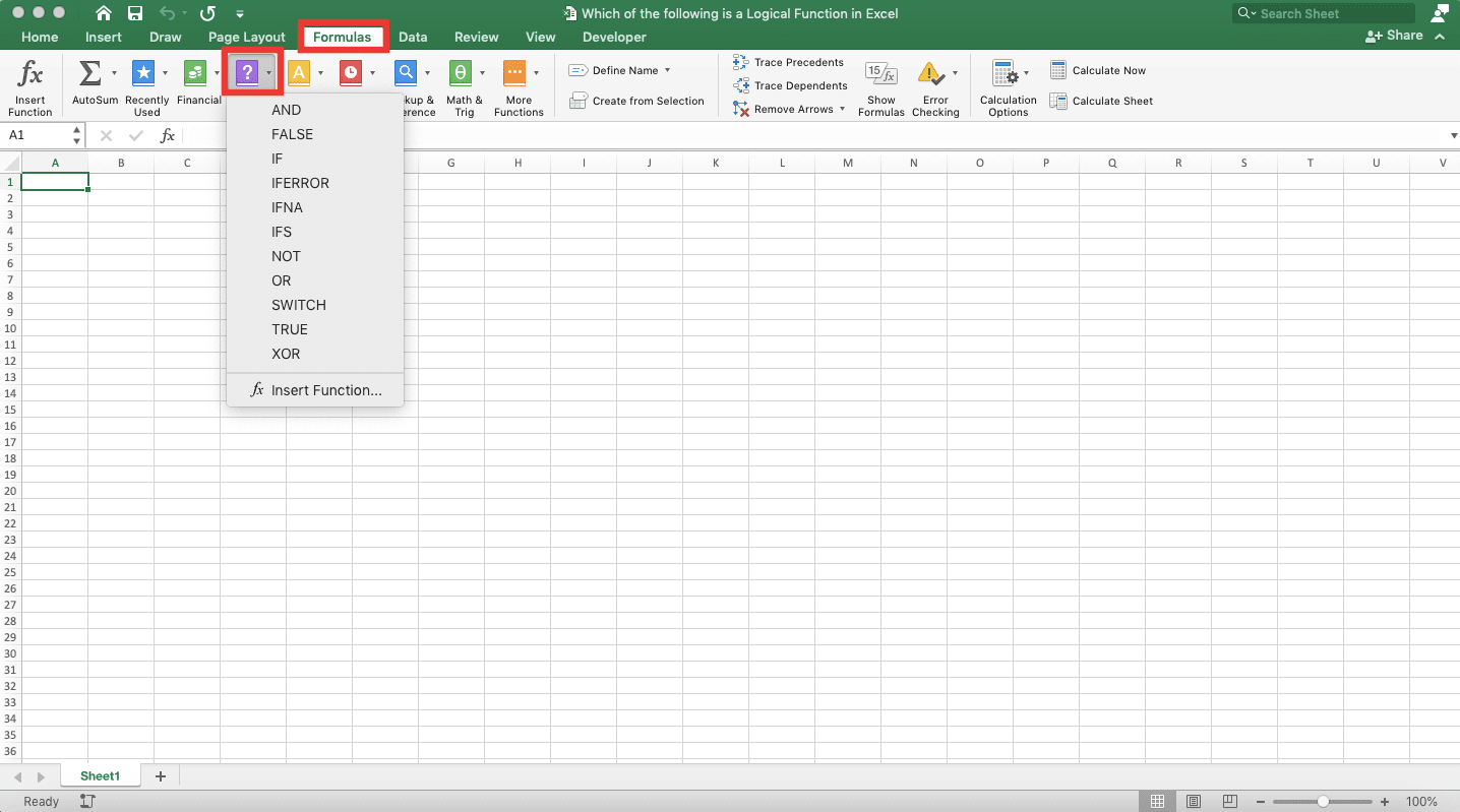 Which of the following is a Logical Function in Excel? - Screenshot of the Excel Logical Functions List Location