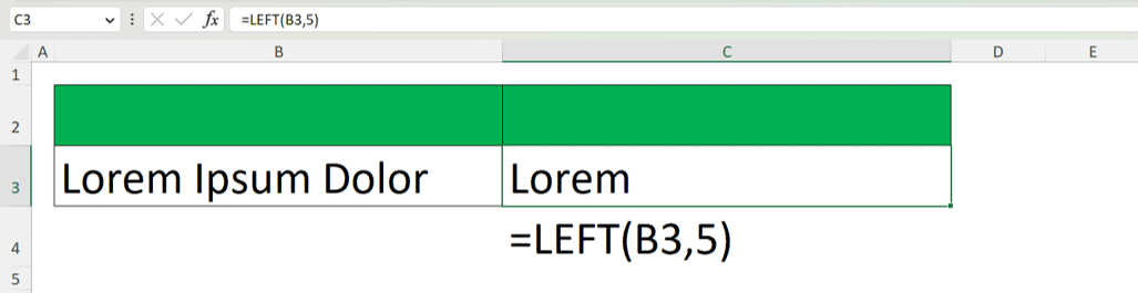 Which Function Returns the Leftmost Five Characters in Excel? - Screenshot of a Result Example of a =LEFT(B3,5) Formula