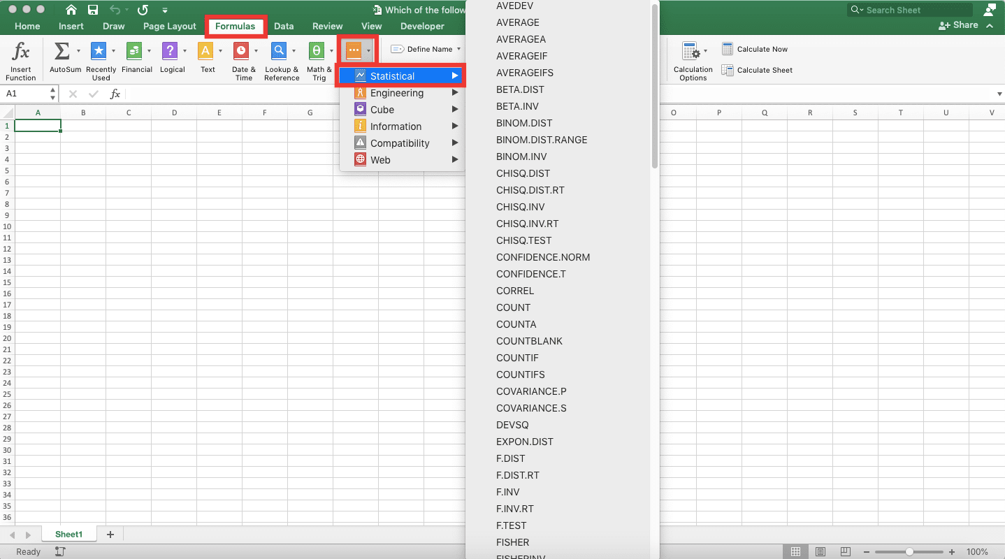 Which of the following is Not a Statistical Function in Excel? - Screenshot of the Way to Access the Statistical Functions List in Excel