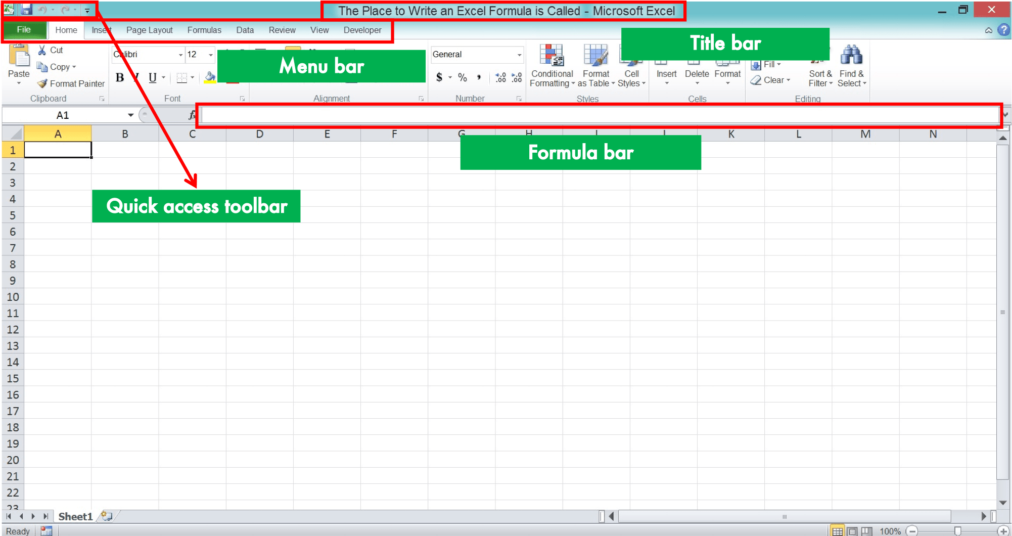 The Place to Write an Excel Formula is Called … - Screenshot to Show What is Called Menu Bar, Title Bar, Formula Bar, and Scroll Bar in Excel