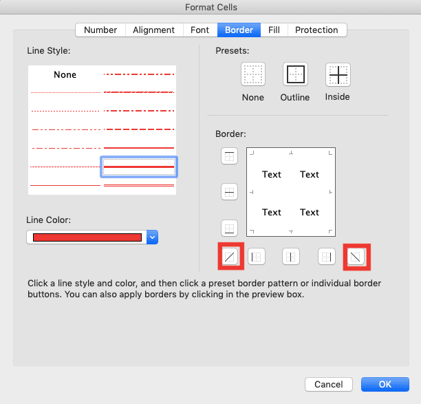 How to Add Borders in Excel - Screenshot of the Diagonal Line Buttons Location in the Border Dialog Box