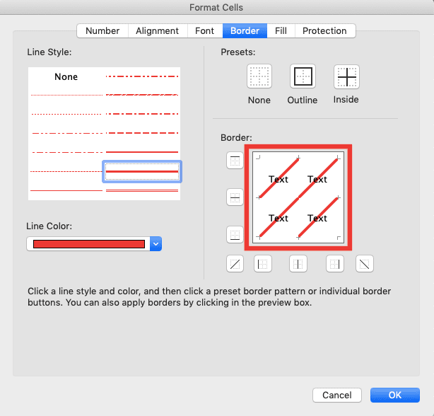 How to Add Borders in Excel - Screenshot of the Diagonal Line Display Preview Location in the Border Dialog Box