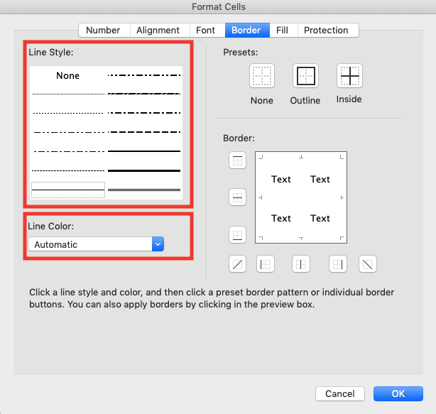 How to Add Borders in Excel - Screenshot of the Line Style Box and Line Color Dropdown Locations in the Border Dialog Box